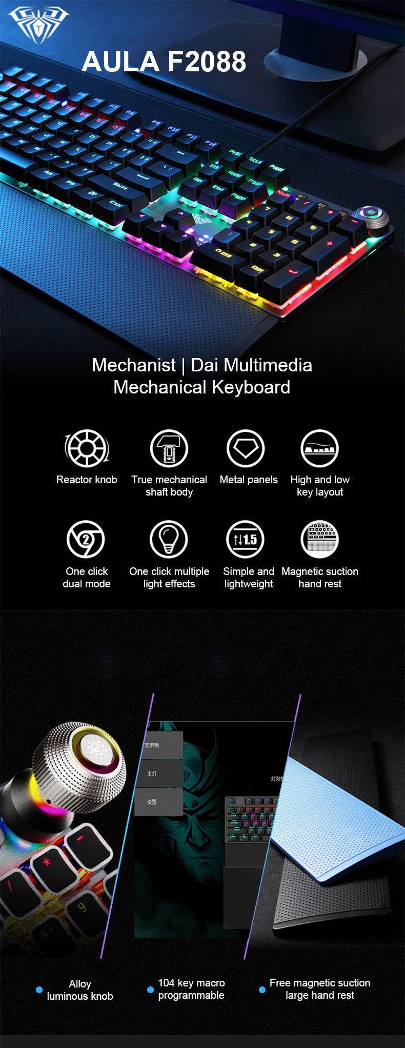 Teclado mecánico AULA F2088 con cable para gaming, perilla multifunción, 104 teclas, retroiluminación mágica y programación de macros para ordenador