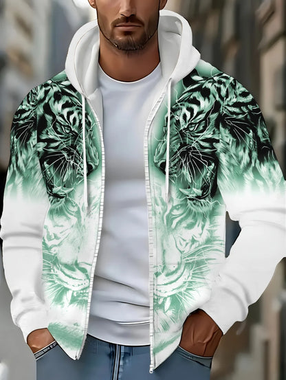 Sweatshirt com capuz e fecho para homem 2025, manga comprida, gráfico de tigre, estilo casual outdoor, com cordão e bolsos