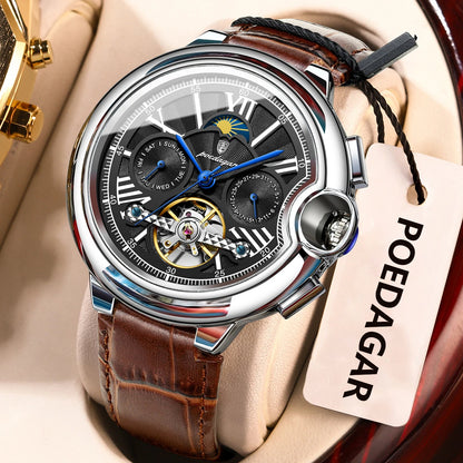 Pánské hodinky POEDAGAR, luxusní a profesionální styl, s ukazatelem data a dne v týdnu, tourbillonem, pouzdrem z nerezové oceli, automatickým mechanickým strojkem a vodotěsností.