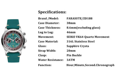 FARASUTE Retro Japan VK64 Quartz Movement Chronograph Wristwatch For Male Fashion Sapphire Sports Watches Men Clock reloj hombre