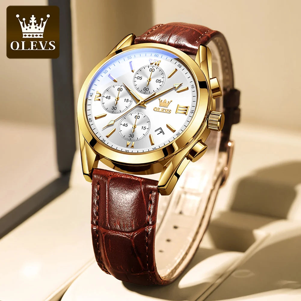 OLEVS 2872 Men’s Chronograph Wristwatch – Leather strap, water-resistant, luminescent hands, quartz movement, luxury sports style