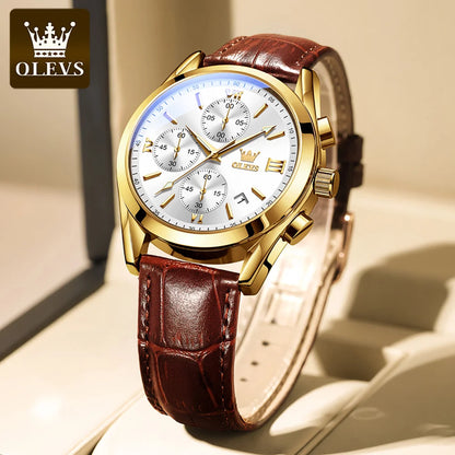 OLEVS 2872 Men’s Chronograph Wristwatch – Leather strap, water-resistant, luminescent hands, quartz movement, luxury sports style