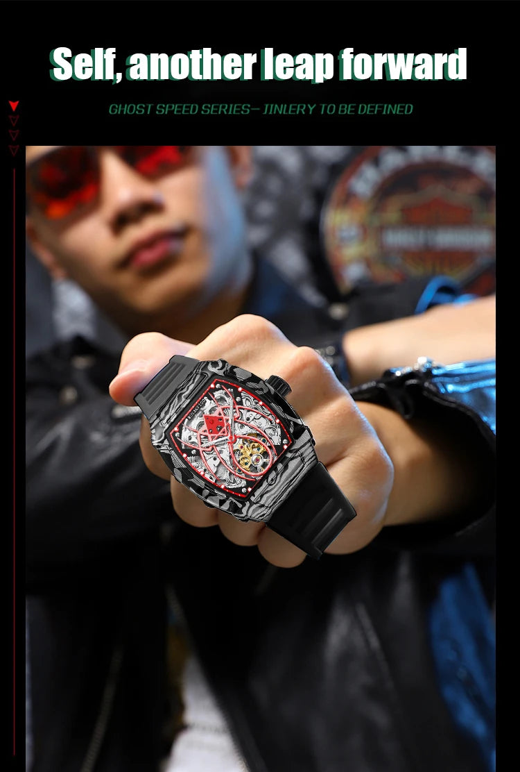 MUSANFIGO automatic hollow mechanical watch, barrel shaped fashionable men's trendy watch, luminous waterproof watch