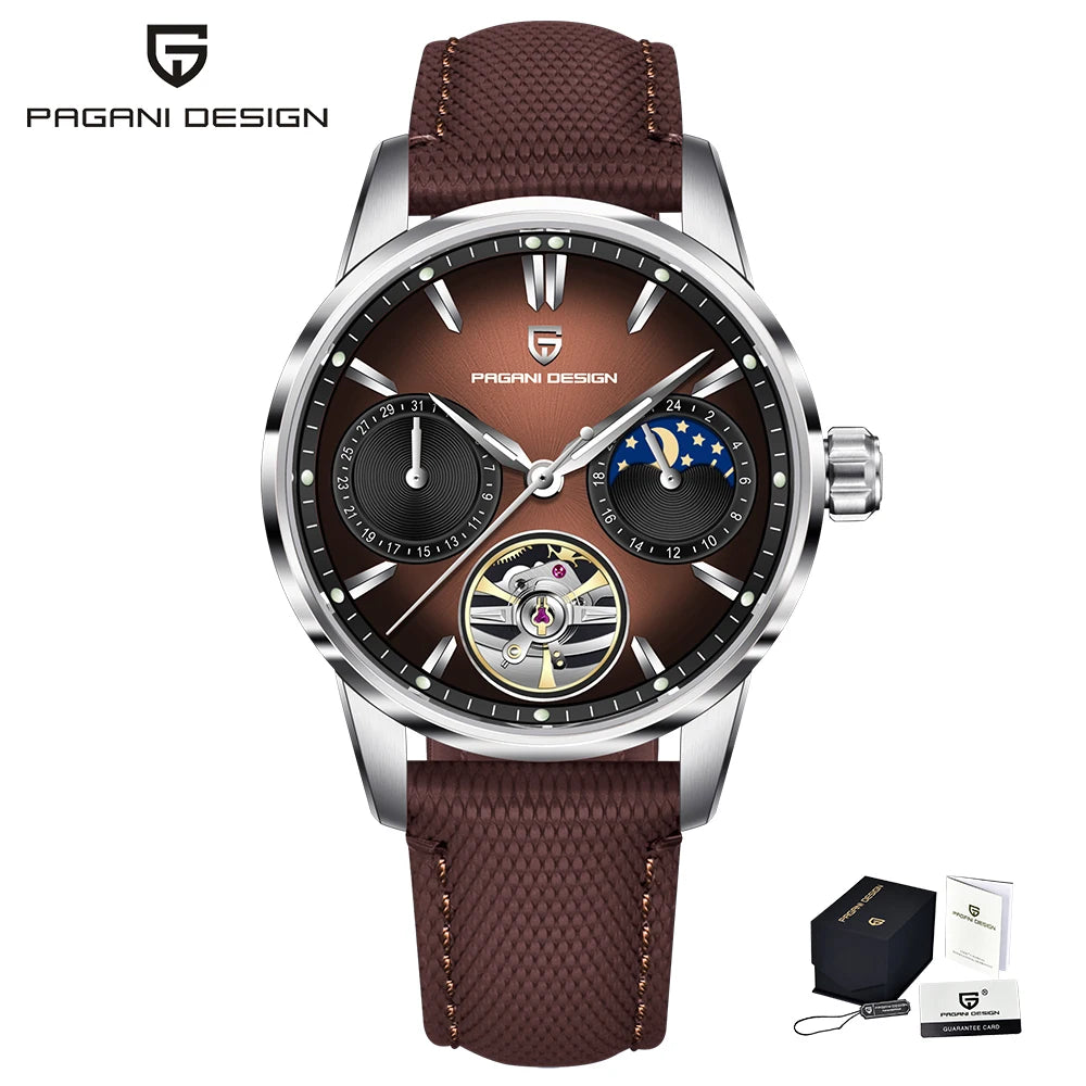PAGANI DESIGN – Mekanisk lyxklocka för män, 41 mm, safirglas, läderarmband, vattentät, pilotstil, med tourbillon och månfas
