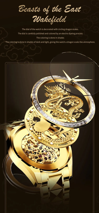 OUPINKE Orologio da uomo Top Brand di lusso in oro e acciaio al tungsteno, orologio da polso meccanico automatico originale con quadrante con motivo drago