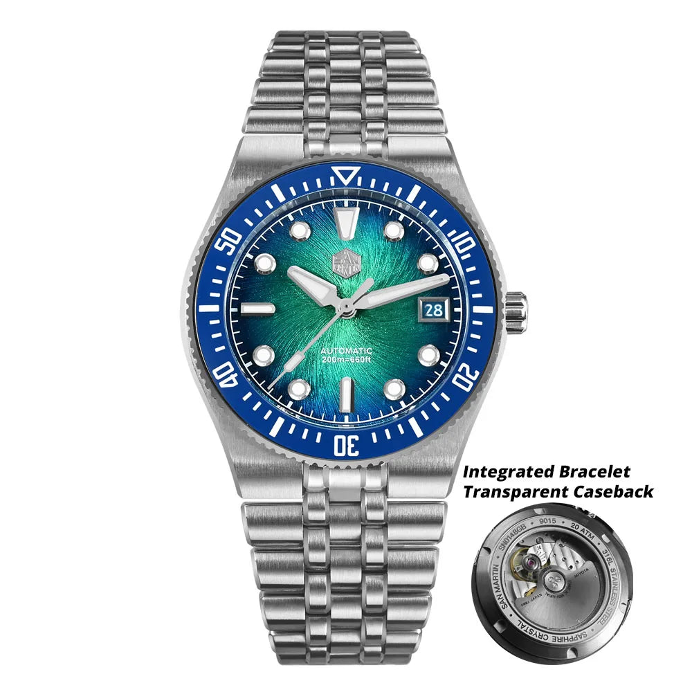 Orologio subacqueo di lusso da uomo San Martin 40mm, Miyota 9015, quadrante smaltato sunburst, automatico meccanico, impermeabile 200m, SN0148