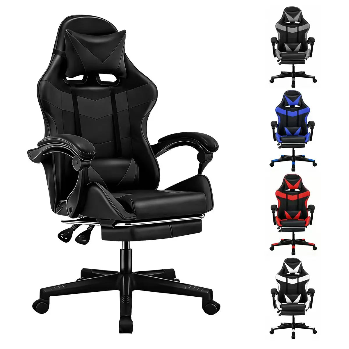 Ergonomic Gaming Chair Computer Chair with Footrest and Headrest, Lumbar Support Height Adjustable Reclining 90°-135° Swivel Off