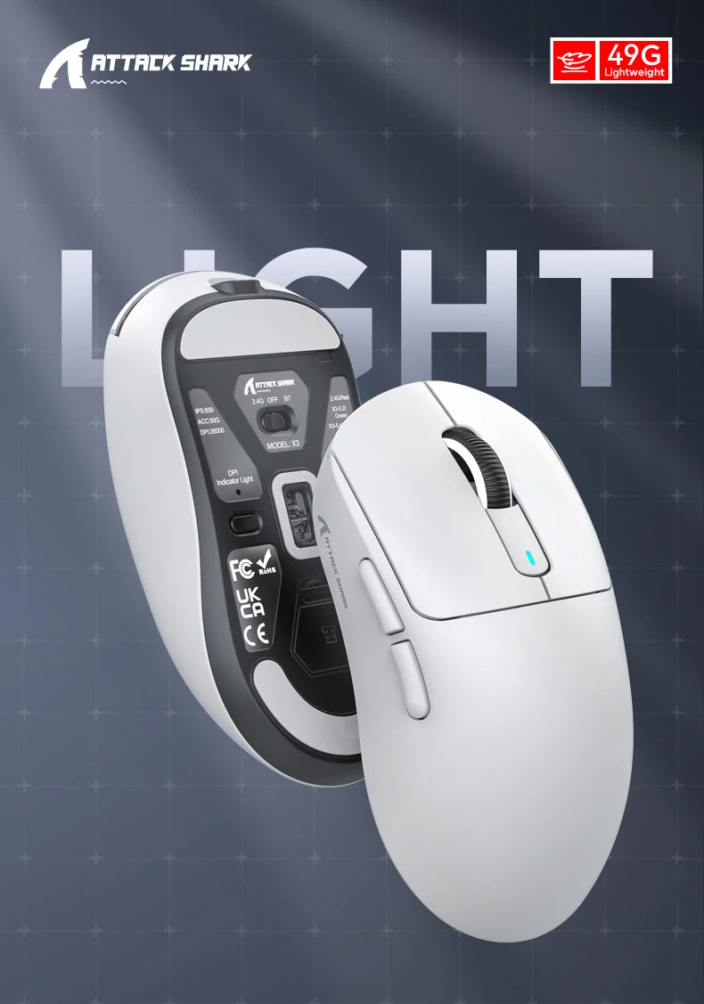 ATTACK SHARK X3 Three-mode Mouse 1K Hz,X3Pro Bluetooth Wireless Mouse 4K Hz Lightweight,PAW3395,650IPS Mobile Speed