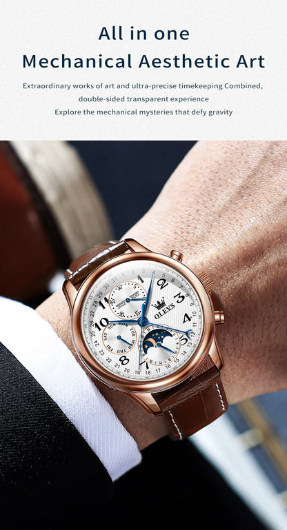OLEVS 6667 Mens Watch Multifunctional Chronograph Mechanical Watch Leather Strap Moon Phase Watches For Man Luxury Original