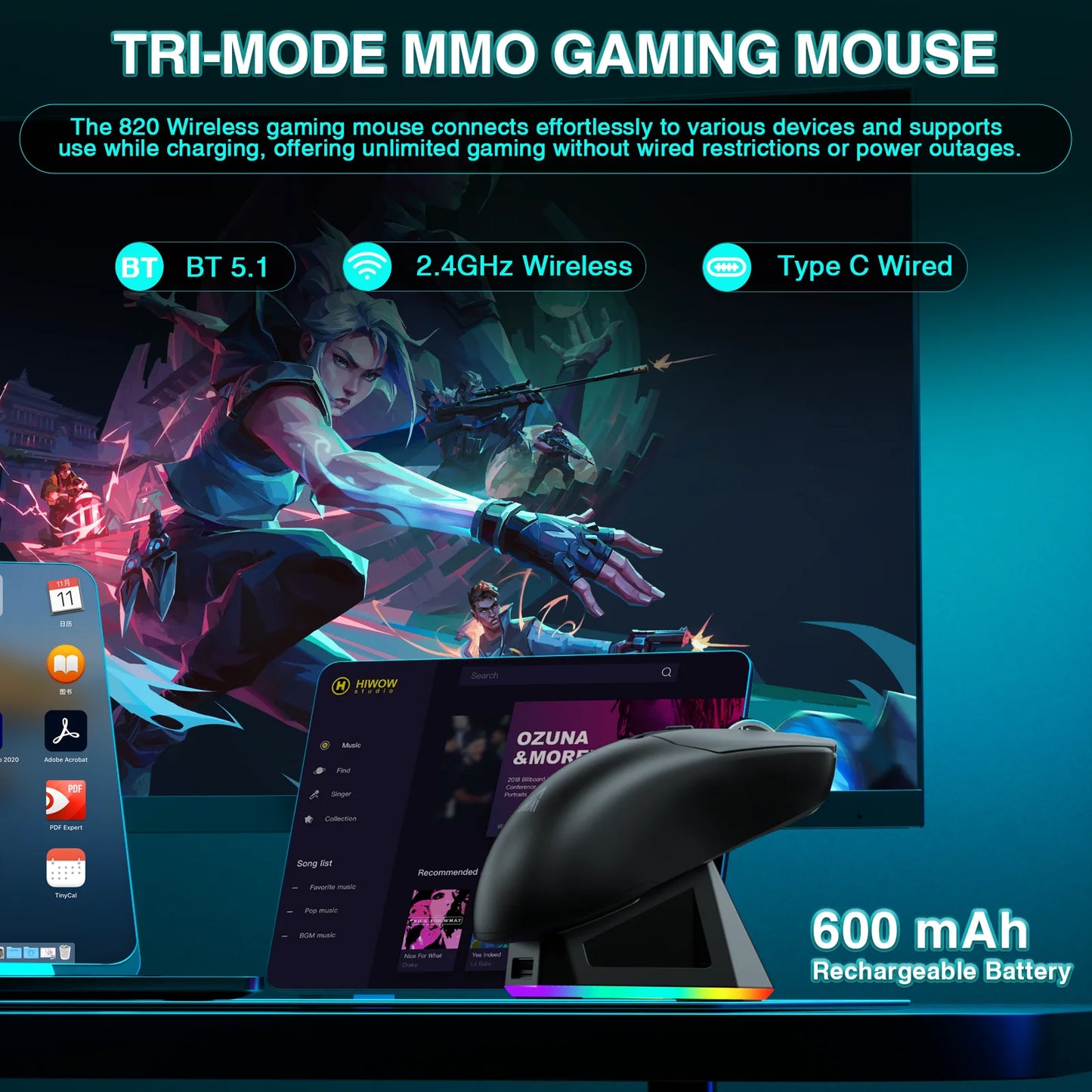 Mouse wireless tri-mode SOLAKAKA SM820 con dock di ricarica magnetico, RGB, PAW3311, 24000DPI, macro gaming, ultraleggero
