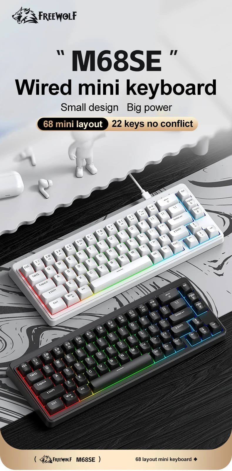 FREEWOLF M68SE Tastiera con sensazione meccanica, 68 tasti, mini tastiera compatta cablata e silenziosa per laptop, gaming e uso ufficio