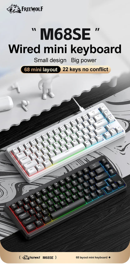 FREEWOLF M68SE Tastiera con sensazione meccanica, 68 tasti, mini tastiera compatta cablata e silenziosa per laptop, gaming e uso ufficio