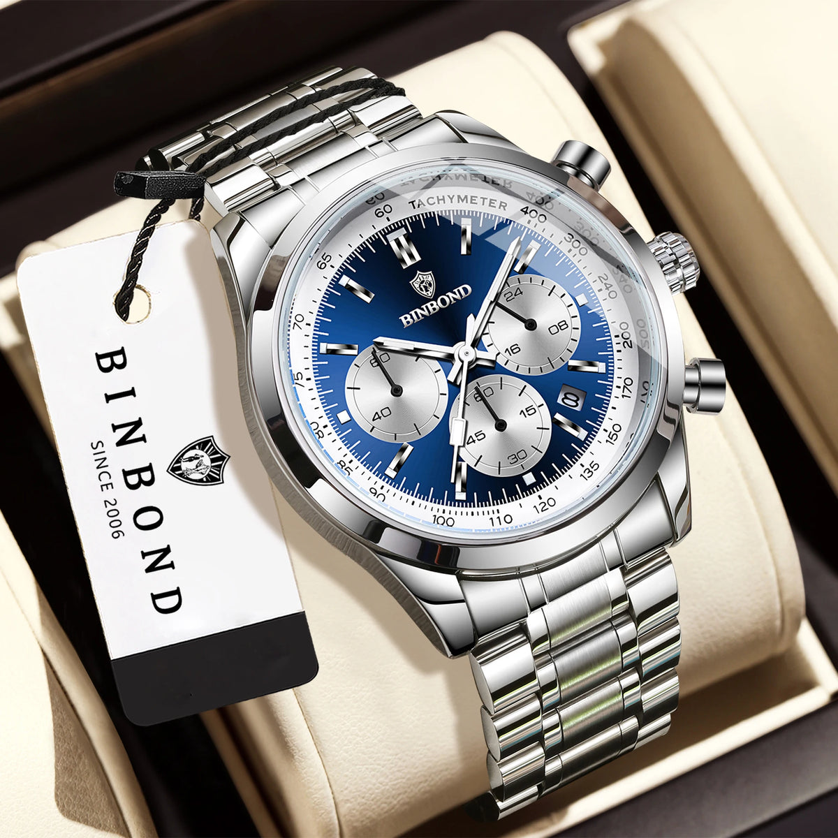 „BINBOND“ kvarcinis vyriškas laikrodis – elegantiškas, tvirtas ir tikslus, su automatine datos funkcija, chronografu, apšvietimu ir atsparus vandeniui. Neformalus stilius.