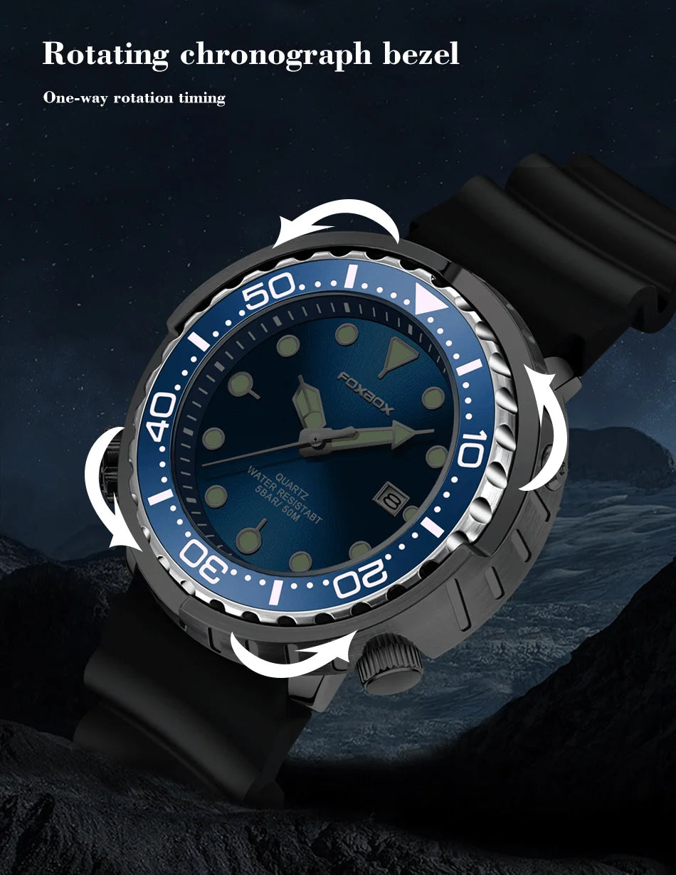 FOXBOX  Top Brand Fashion Diver Watch Men 50ATM Waterproof Date Clock Sport Watches Mens Quartz Wristwatch Relogio Masculino