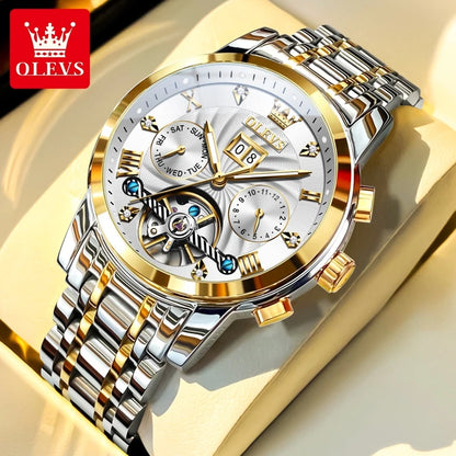 Montre homme OLEVS 9910, marque de luxe originale, étanche, lumineuse, automatique, mécanique, double calendrier, coffret.
