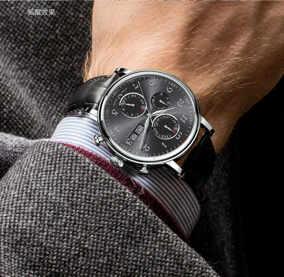 Reloj de lujo suizo LOBINNI para hombre, mecánico automático con calendario perpetuo, cristal de zafiro y multifunción L13019-8