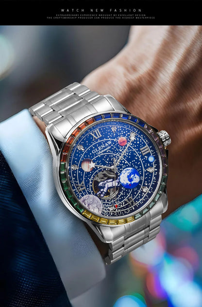 GLENAW New Rotating Earth Mechanical Watch Men Space astronaut dial Night Light Waterproof Stainless Steel Strap Automatic Watch