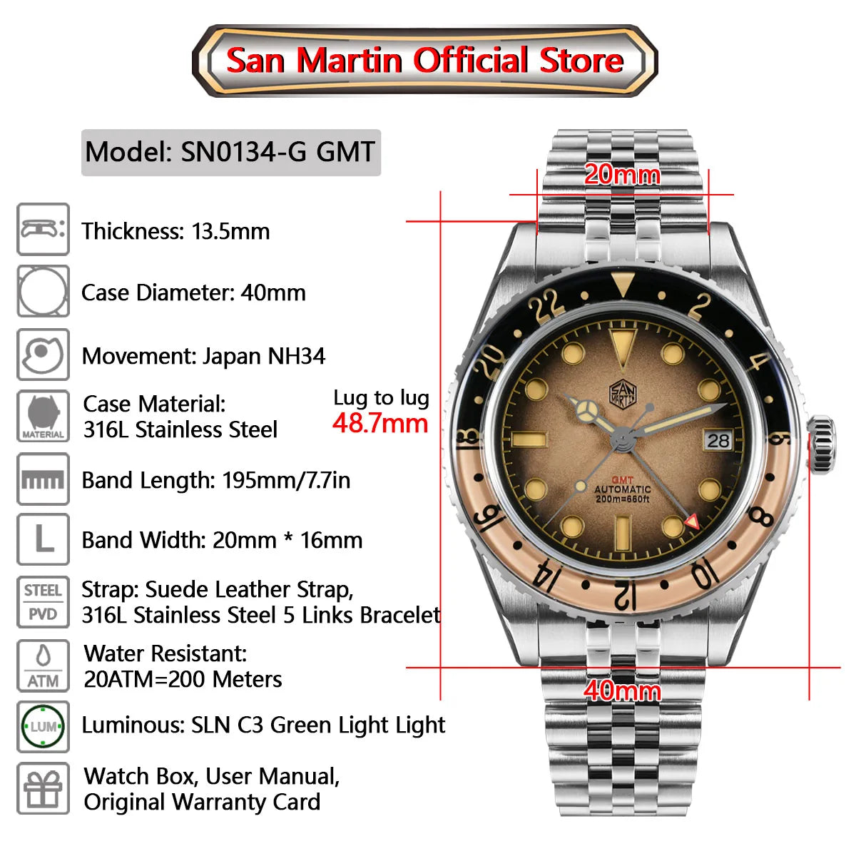 San Martin 2025 Men's Watches, Retro NH34 GMT Sandwich Dial, 40mm Bidirectional Sapphire Bezel, Luxury Sports Watch, 20Bar