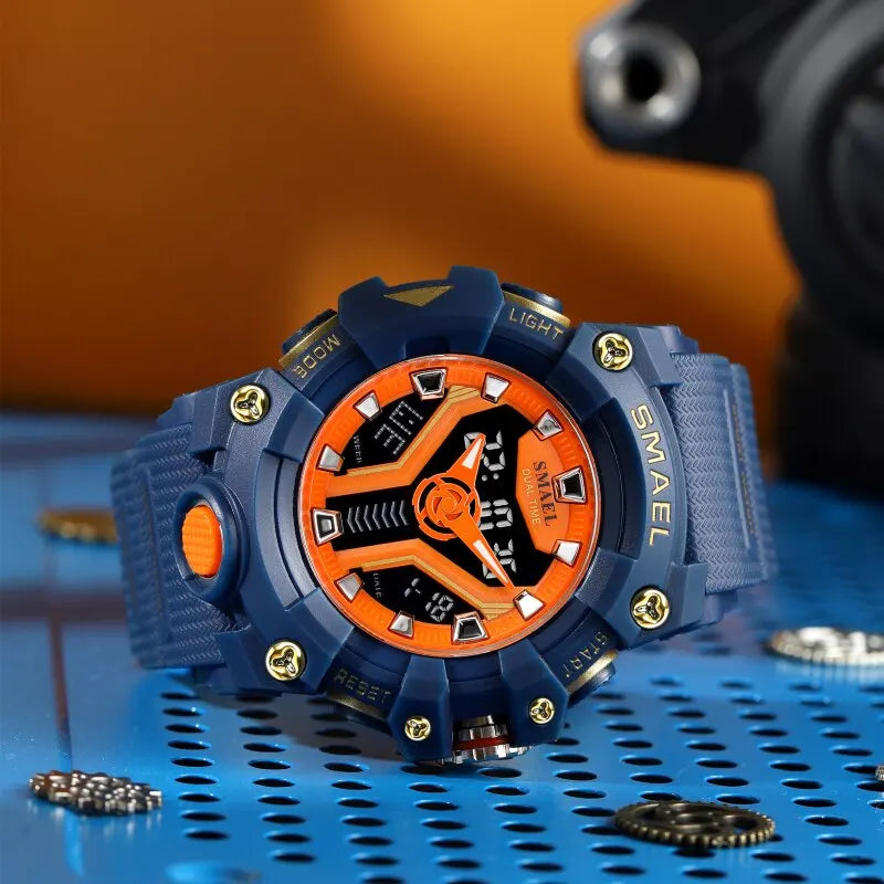 SMAEL 8075 Men's Analog Digital Dual Display Sport Watch - 50M Waterproof LED Backlight Dual Time Alarm Chronograph Stopwatch