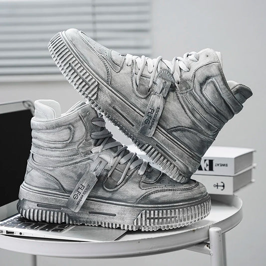 Autumn and winter high top men's shoes fashion trend retro gray children's and young men's parent-child shoes work sports and le