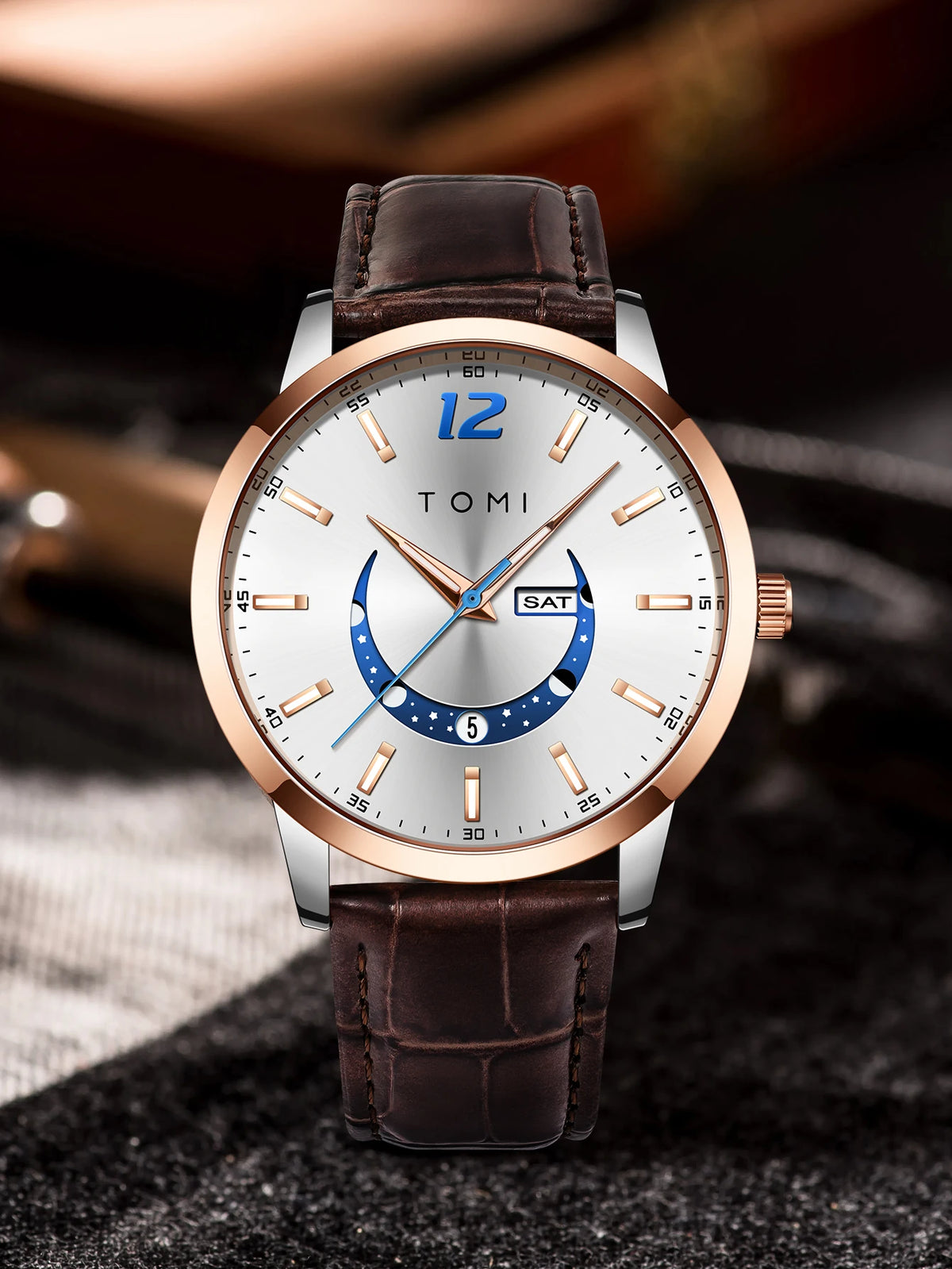 Reloj de cuarzo TOMI, de estilo elegante y profesional, con correa de piel, caja de aleación y esfera con agujas: diseño de alta gama, ideal como regalo para hombre.