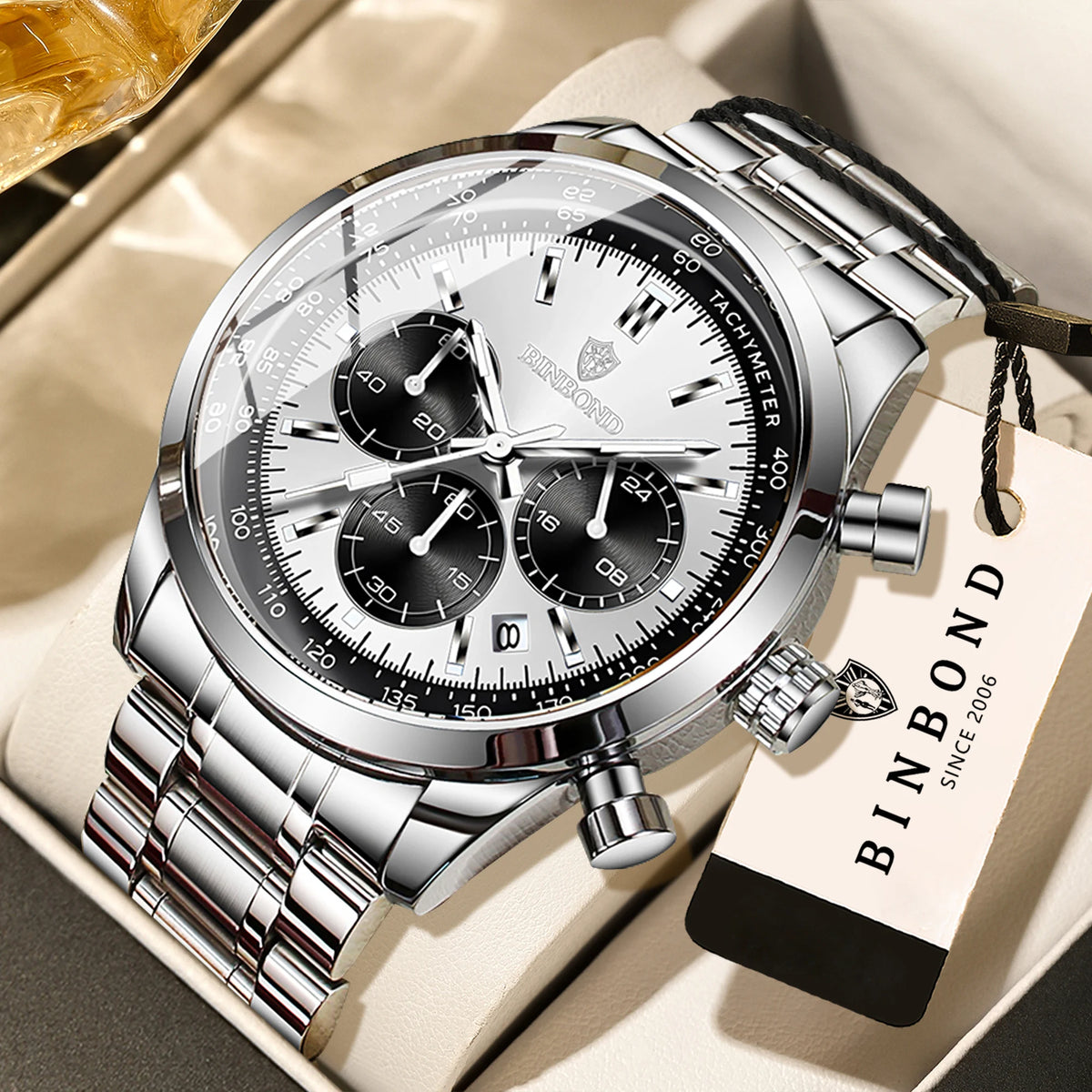 „BINBOND“ kvarcinis vyriškas laikrodis – elegantiškas, tvirtas ir tikslus, su automatine datos funkcija, chronografu, apšvietimu ir atsparus vandeniui. Neformalus stilius.