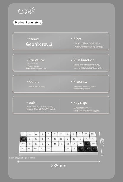 Chosfox GEONIX48 Rev.2 Low Profile Keyboard Single/Three Mode Portable Mechanical Keyboard Kit For LOW MX Switch Support QMK/VIA