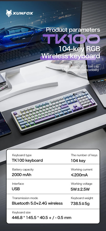Teclado XUNFOX TK100 inalámbrico 2.4 Bluetooth de doble modo para gaming, silencioso, oficina y portátil, universal