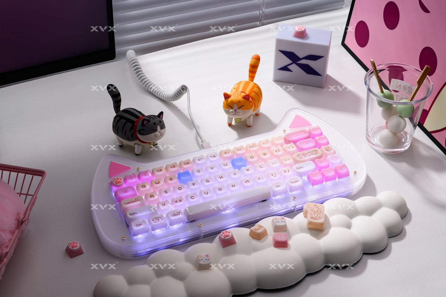 XVX 148 teclas teclas con temática de gatos perfil MAO, teclas coreanas brillantes y adorables para teclado 61 64 68 78 87 96 98 104 108
