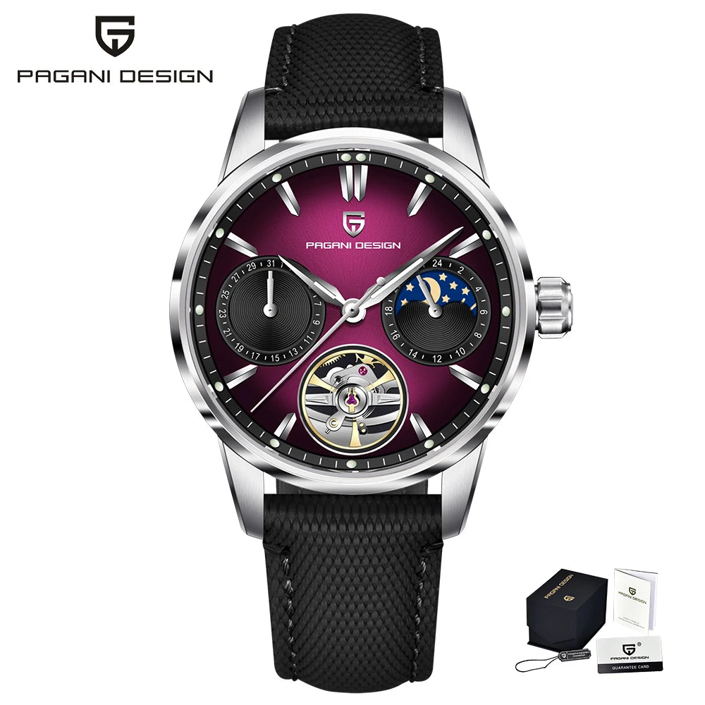 PAGANI DESIGN – Mekanisk lyxklocka för män, 41 mm, safirglas, läderarmband, vattentät, pilotstil, med tourbillon och månfas