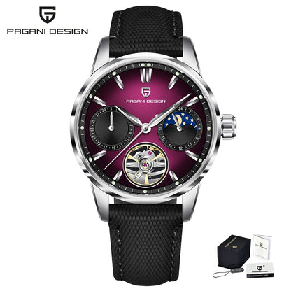 PAGANI DESIGN – Mekanisk lyxklocka för män, 41 mm, safirglas, läderarmband, vattentät, pilotstil, med tourbillon och månfas