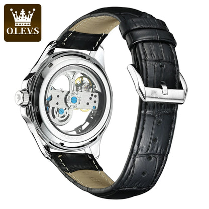 Montre mécanique automatique pour homme OLEVS 6661 – Modèle squelette entièrement transparent avec volant apparent, bracelet en cuir, montre de luxe originale pour homme