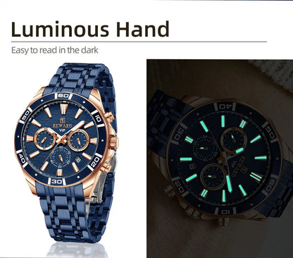 REWARD Mens Watches Waterproof  Luminous Quartz Wristwatch Business Stainless Steel Strap with gift box