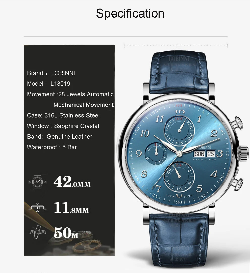 Reloj de lujo suizo LOBINNI para hombre, mecánico automático con calendario perpetuo, cristal de zafiro y multifunción L13019-8