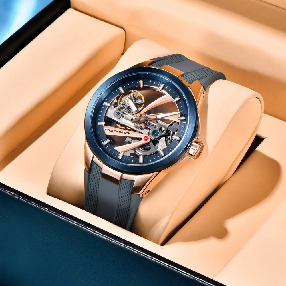 Ceas pentru bărbați PAGANI DESIGN – Model mecanic automat de lux, de tip „schelet” (cu mecanism expus), dotat cu un tourbillon, sticlă de safir cu tratament antireflex, rezistent la apă și luminescent.