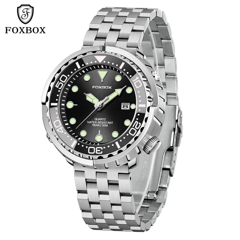 FOXBOX  Top Brand Fashion Diver Watch Men 50ATM Waterproof Date Clock Sport Watches Mens Quartz Wristwatch Relogio Masculino