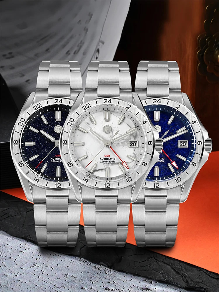 Reloj de lujo para hombre San Martin 39mm con esfera de aventurina, NH34 GMT automático mecánico, zafiro, resistente al agua, luminoso, SN0129