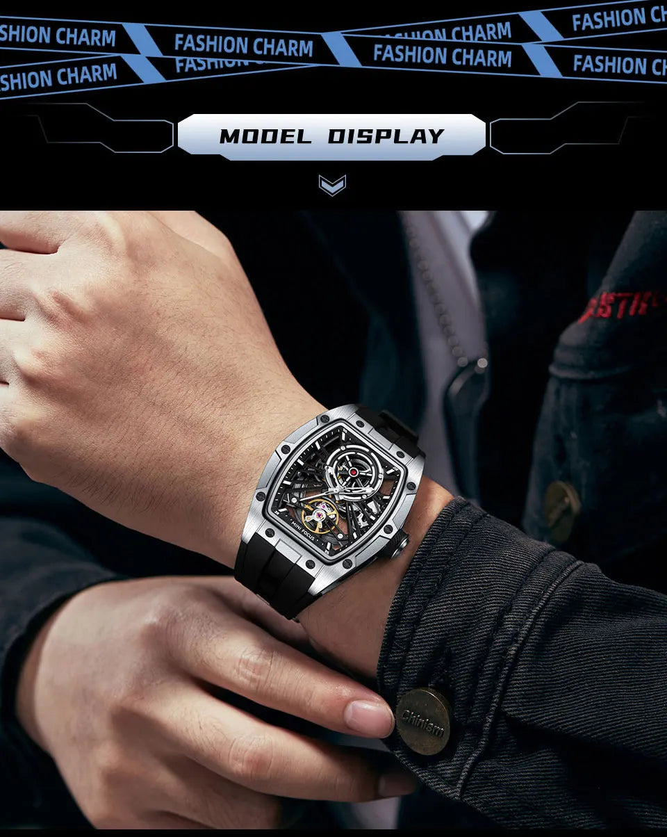 MINI FOCUS Men's Wristwatch Fashion Black Waterproof Automatic Mechanical Watch with Luminous Hands Silicone Strap Tonneau Dial