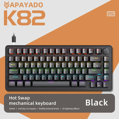 APAYADO 75% Gaming Keyboard Wired with Metal Knob, Hot-Swap K82 Black Mechanical Keyboard, ABS Transparent Character RGB