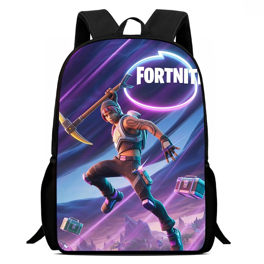 Mochila leve Fortnite Cartoon de 15 polegadas com alças ajustáveis para crianças, saco escolar diário para meninos e meninas dos 5 aos 9 anos