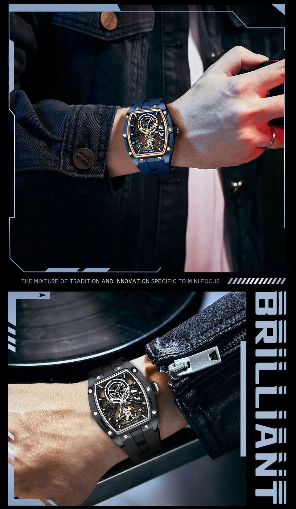 MINI FOCUS Men's Wristwatch Fashion Black Waterproof Automatic Mechanical Watch with Luminous Hands Silicone Strap Tonneau Dial