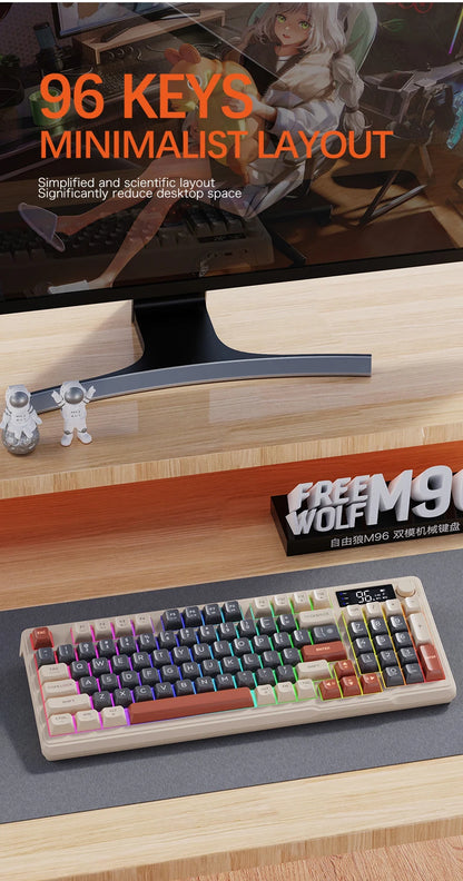 M96 Bluetooth Wireless Keyboard FREEWOLF Digital Display, RGB Backlight, 2000mAh Battery & PBT Keycaps for PC/Laptop