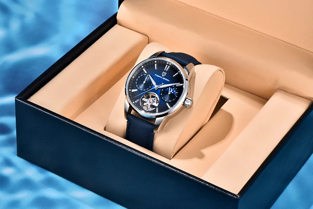 PAGANI DESIGN – Mekanisk lyxklocka för män, 41 mm, safirglas, läderarmband, vattentät, pilotstil, med tourbillon och månfas
