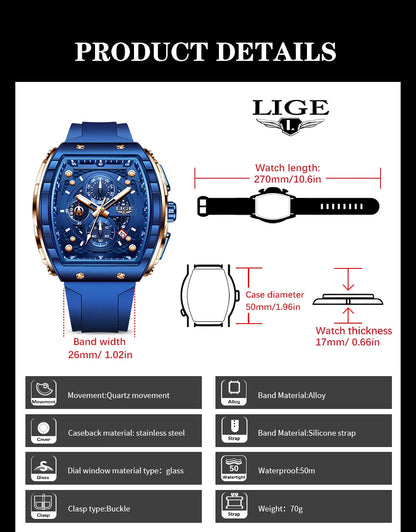 Relógio de Homem LIGE — Moda de Luxo, Impermeável, Bracelete em Silicone, Quartzo, Luminoso, Desportivo, Data Automática e Cronógrafo Simples
