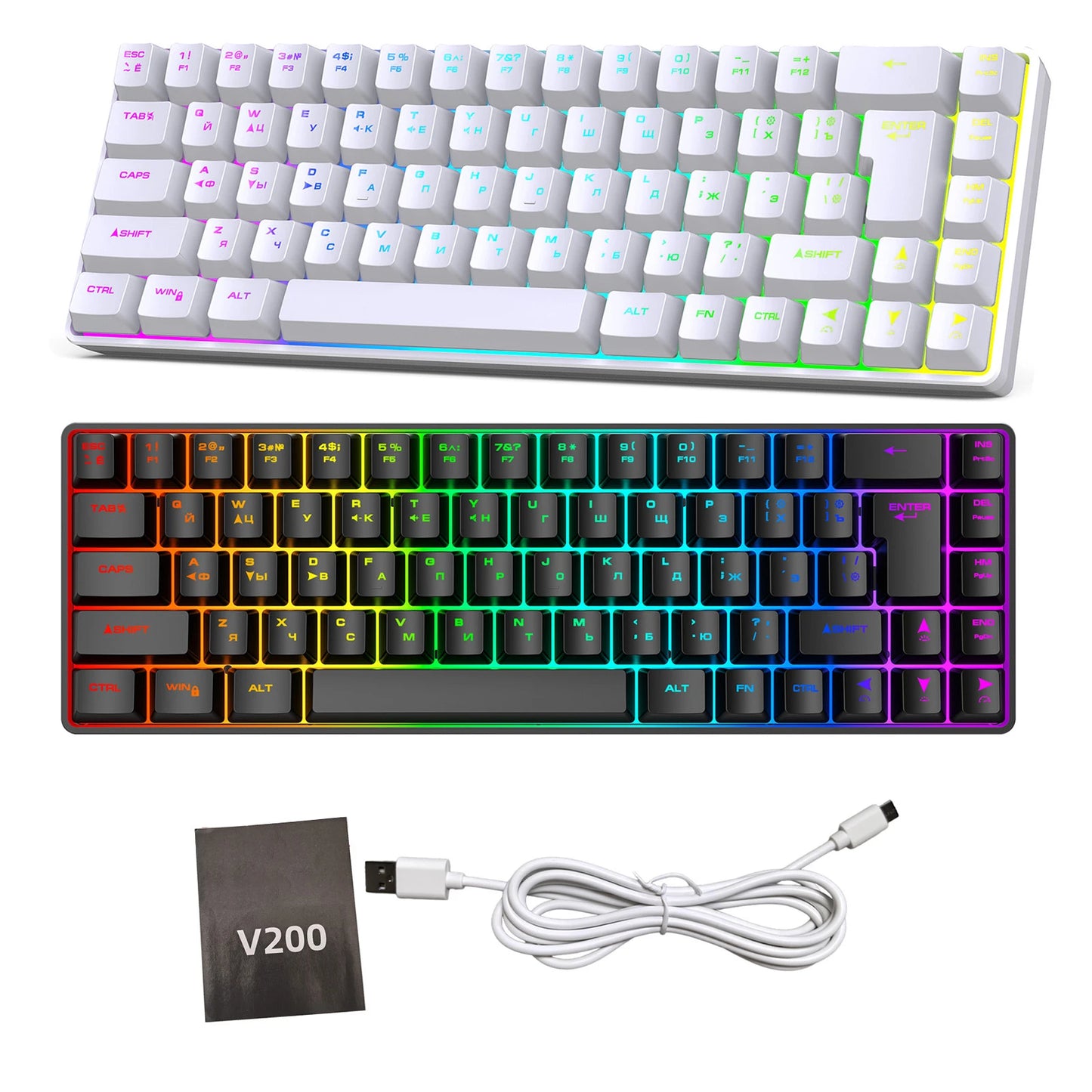 Teclado Mecânico Gaming Russo-Inglês de 68 Teclas, Teclado Bilingue com Retroiluminação RGB para Gaming