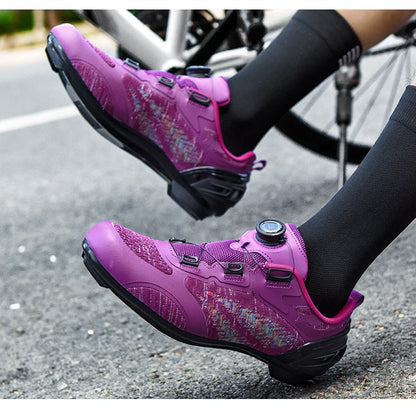 Sapatos de ciclismo MTB para homem e mulher T03 roxos respiráveis, de velocidade, autoblocantes, para ciclismo de estrada, corrida ao ar livre e treino