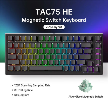 Teclado AKKO TAC75 HE com interruptores magnéticos, formato 75%, teclado gaming Rapid Trigger 0.005mm 8K RGB com fio, teclado personalizado para esports para gamers