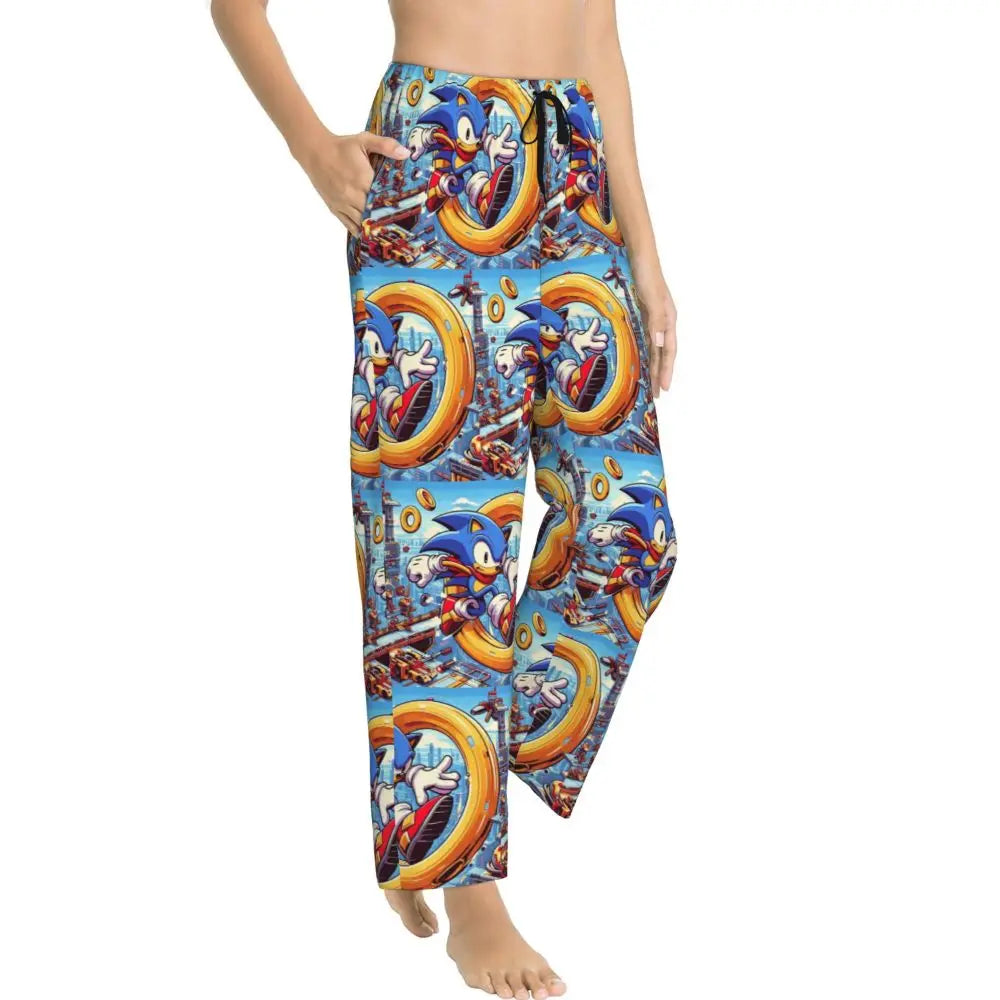 Custom Printed Womens Soniced Pajama Pants Hedgehog Game Sleepwear Sleep Lounge Bottoms with Pockets