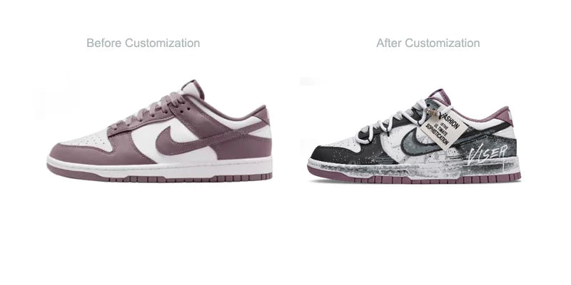 Zapatillas personalizadas Nike Dunk: zapatillas de skate bajas, modernas y oscuras con diseño de grafiti de un páramo postapocalíptico para hombre