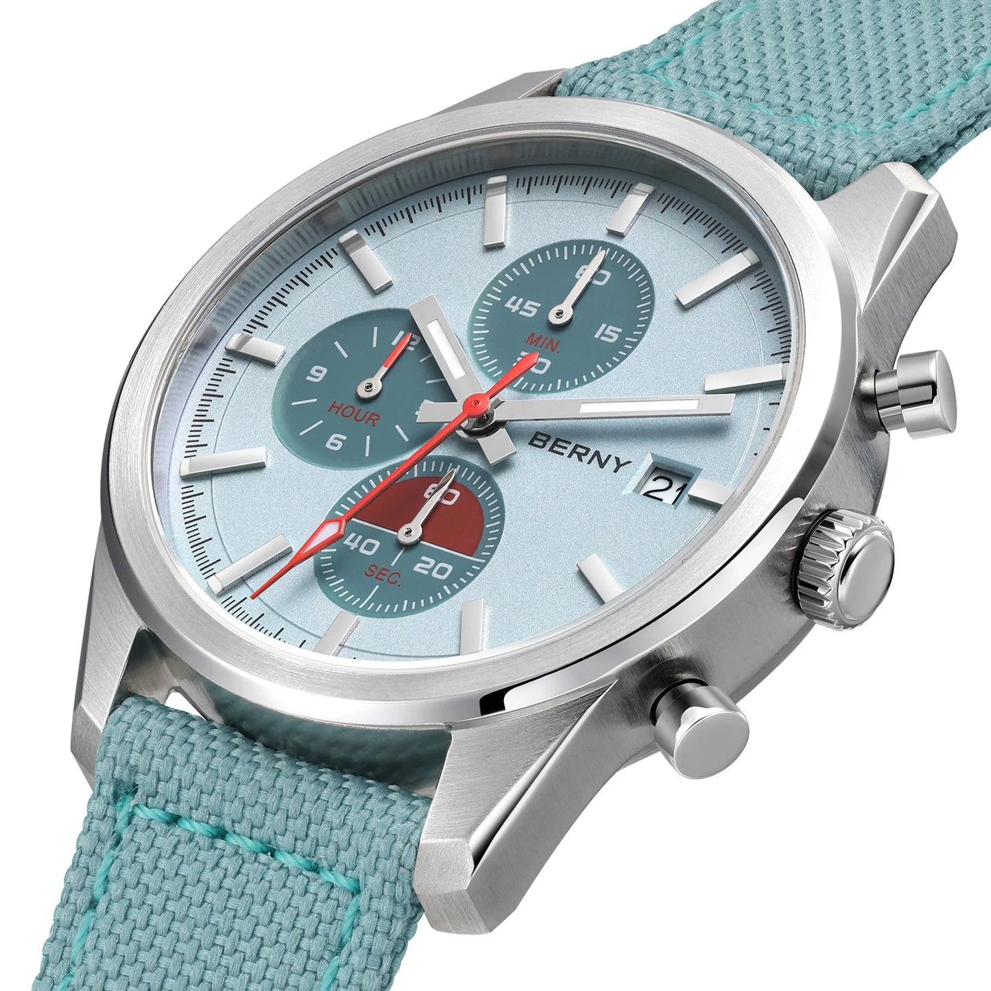 BERNY Chronograph Watch for Men/Women 37mm Dial Woven Fabric Sapphire AR Coated 5ATM Fashion Sport Calendar 316L Couple Watch